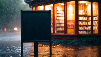 Cozy rainy atmosphere with a black sandwich board in focus. Blurred bokeh lights and a bookstore in the background add warmth to the scene. photo