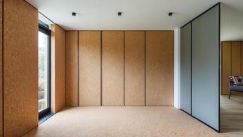 Cork wall panels are utilized for eco-friendly soundproofing and insulation, enhancing both sustainability and comfort in interior spaces. photo