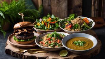 A delicious variety of plant-based vegan meals, from a portobello mushroom burger to quinoa salad with roasted veggies and a comforting lentil soup. photo