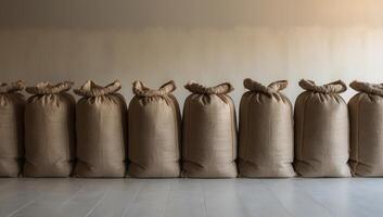 Large jute grain sacks, worn and textured, arranged in a neat row, highlighting the raw, rustic feel of a traditional harvest scene. photo