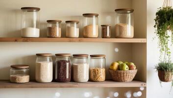 Eco-friendly glass jars replace plastic in a zero-waste pantry, neatly displayed on wooden shelves, merging practicality with sustainability. photo