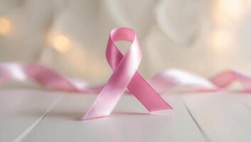 Minimalist design featuring a gentle pink bow on a creamy white background, highlighting breast cancer awareness with grace and subtlety. photo