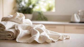 White cloth towels and napkins, crumpled and folded, eco-friendly alternative to disposable paper products, natural fabrics used in a kitchen photo