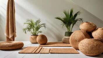 Eco-conscious interiors feature coconut coir mats and rugs, combining sustainability with rustic charm and functional design. photo