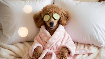 A cheerful poodle on a bed of white sheets, snug in a pink polka-dot robe, cucumber slices on its face, exuding comfort and playfulness. photo