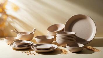 Bokeh effect, rice husk composites form eco-friendly kitchenware, including bowls, plates, and utensils, promoting sustainability in everyday use. photo