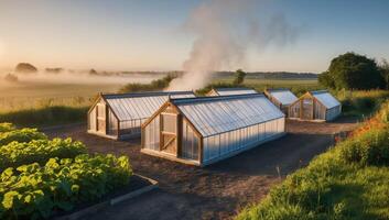 Rising mist envelops a geothermal power plant and rustic greenhouses, showcasing the sustainable use of Earth natural heat. photo