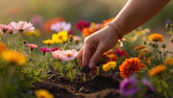 A closeup of hands planting colorful wildflowers, fostering a vibrant environment that supports vital pollinator species. photo