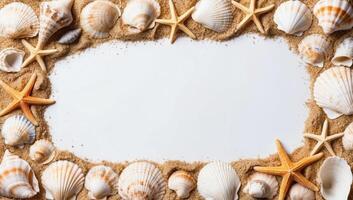 A white background bordered with seashells, starfish, and sand, creating a natural and elegant beach-inspired frame. photo