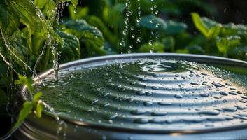 The surface of a glass or stainless steel container shimmers with rainwater droplets, representing eco-conscious irrigation for gardens. photo