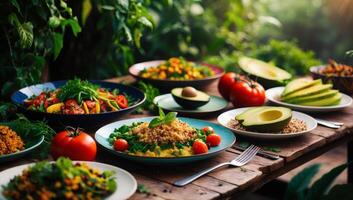 Rustic table filled with colorful vegan plates, set against a backdrop of lush greenery, embodying the freshness and sustainability of plant-based eating. photo