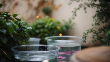 Transparent containers filled with rainwater glisten against a lush green backdrop, enhanced by a soft bokeh effect, symbolizing sustainable garden irrigation. photo