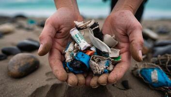 Dedicated volunteers removing plastic waste along the oceanside to combat pollution and support a healthier marine environment. photo