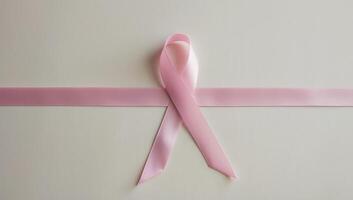 Soft pink ribbon forms a neat bow against a creamy white backdrop, representing breast cancer awareness with elegance and simplicity. photo