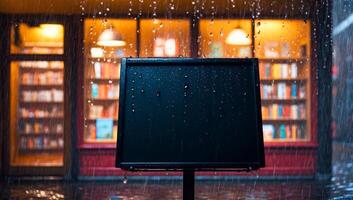 In a tranquil rainy setting, an empty black sandwich board stands out. A blurred bokeh effect softly frames the cozy bookstore nearby. photo