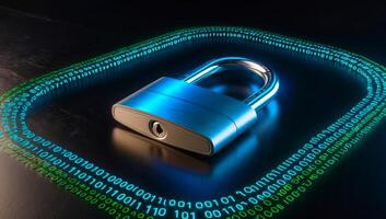 Futuristic digital padlock with a soft blue glow, set against a black background, featuring binary code in electric blue and green, symbolizing cyber security. photo