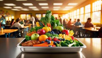 Overflowing school lunch tray with fresh fruits and colorful vegetables, gleaming stainless steel tray amidst the hustle and bustle of the cafeteria. photo