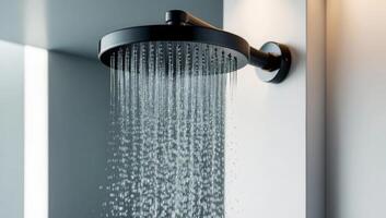 Chrome showerhead installed in a modern bathroom, saving water while maintaining comfort. photo
