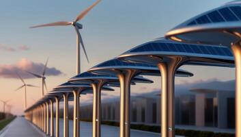 Solar and wind powered streetlights line an eco-conscious city street, blending a futuristic design with nature harmony and renewable energy. photo