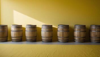 A row of weathered wooden barrels stands against a vibrant yellow background, showcasing rustic charm and a touch of rural authenticity. photo