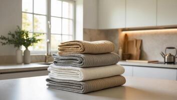 Cloth towels and napkins used in a kitchen, replacing disposable paper products for an eco-friendly lifestyle photo