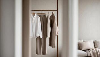 A minimalist approach to wardrobes that prioritizes slow fashion, featuring durable, versatile, and ethically made clothing items. photo