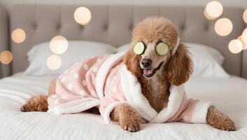 On soft white bedding, a poodle lounges in a pink polka-dot bathrobe, complete with cucumber slices for a spa-inspired moment. photo
