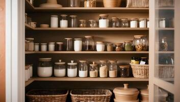 Glass jars and containers replace plastic in a zero-waste pantry, neatly arranged on wooden shelves, blending minimalism with sustainable living. photo