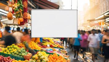 Bright, sunlit market scene with a bold rectangular banner waiting for text. Blurred figures and vivid stalls fill the background with life and energy. photo