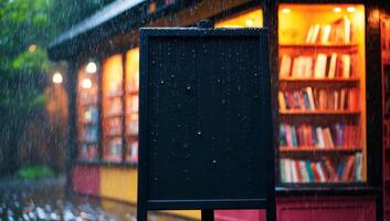 Black sandwich board stands empty in a cozy rainy scene. The blurred bokeh background reveals a warm bookstore, adding charm to the atmosphere. photo