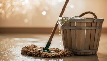 A bucket filled with collected rainwater used for mopping floors, highlighting eco-friendly cleaning practices and water conservation efforts. photo