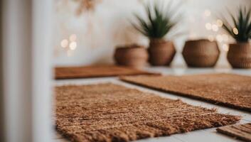 Eco-friendly coconut coir mats and rugs with warm, natural textures and organic patterns create a sustainable, eco-conscious atmosphere in interior design. photo
