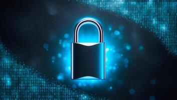 Digital padlock with a soft blue light, surrounded by binary code in electric blue and green, on a black backdrop, representing advanced cyber security. photo