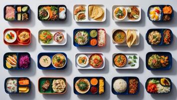 A variety of school lunches from around the world, each representing authentic regional flavors with a mix of both traditional and contemporary options. photo