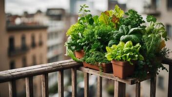 An urban balcony serves as a DIY garden for organic vegetables and herbs, showing how limited space can support sustainable, homegrown food. photo