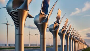 Eco-friendly streetlights powered by solar and wind energy illuminate the city, showcasing futuristic silhouettes in perfect harmony with nature. photo