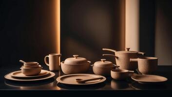 Sustainable kitchenware collection made from rice husk composites, with earthy tones reflecting the eco-conscious materials used in their design. photo