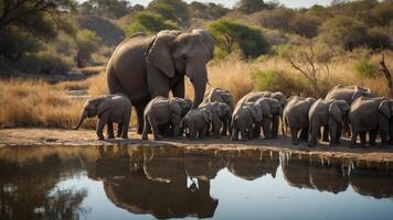 A herd of elephants gathered by a water source in a natural setting. photo