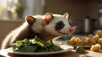 A playful animal curiously inspects plates of spinach and pasta on a kitchen counter. photo