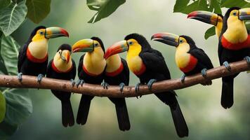 A vibrant group of toucans perched on a branch in a lush environment. photo