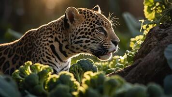 A leopard prowls through lush greenery, blending with its surroundings in a natural habitat. photo