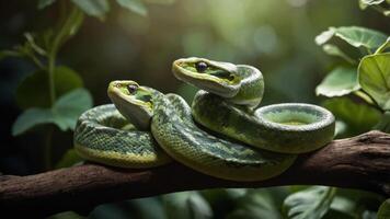 Two green snakes resting on a branch surrounded by lush foliage. photo