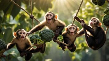 Four monkeys hanging from branches, each holding a piece of broccoli in a lush environment. photo