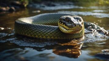 A close-up of a coiled snake resting in shallow water, showcasing its scales and environment. photo
