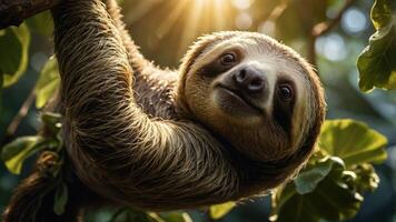 A close-up of a sloth hanging from a tree branch in a lush environment. photo