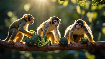 Three monkeys playfully interacting with broccoli on a branch in a sunlit forest. photo