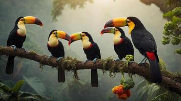 A group of colorful toucans perched on a branch in a lush, misty forest. photo
