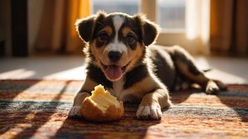 A playful puppy enjoys a snack on a colorful rug in a sunlit room. photo