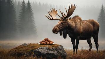 A moose stands near a rock with a plate of round objects in a misty forest setting. photo