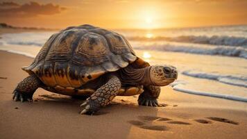 A turtle walks along a sandy beach at sunset, with waves gently lapping at the shore. photo
